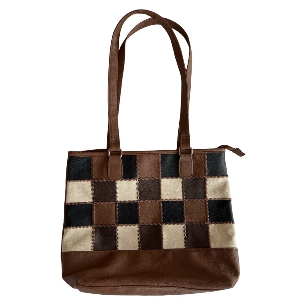 Jaclyn Smith Shoulder Bag, Tan/Brown/Black Checkered Front, Medium Sized​​​​